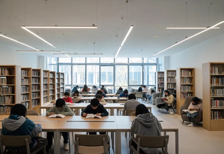 School library with comfortable linear lighting