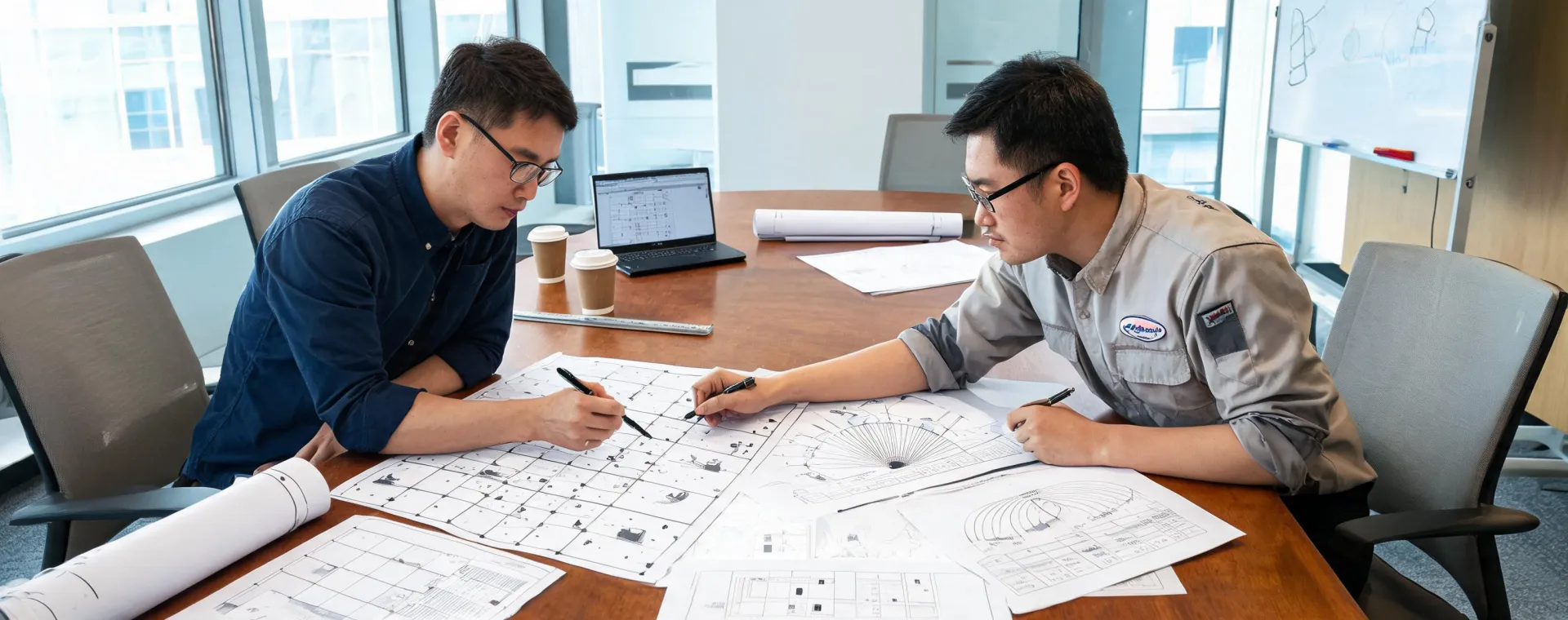 Lighting designer and electrical contractor reviewing photometric plans
